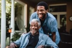 Young male caregiver pushing a senior man in his wheelchair in a nursing home smiling and laughing Care giver