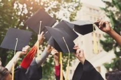 A group of graduates throwing graduation caps in the air graduation